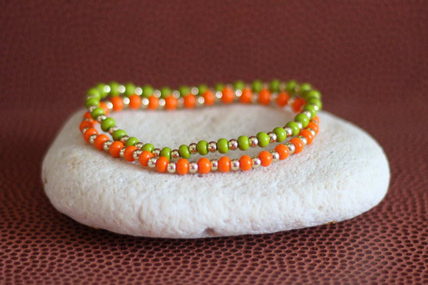 Go Sports Orange & Green Bracelet Stack, 3mm Gold-Filled & 4mm Colorful Beads (Set of 2)