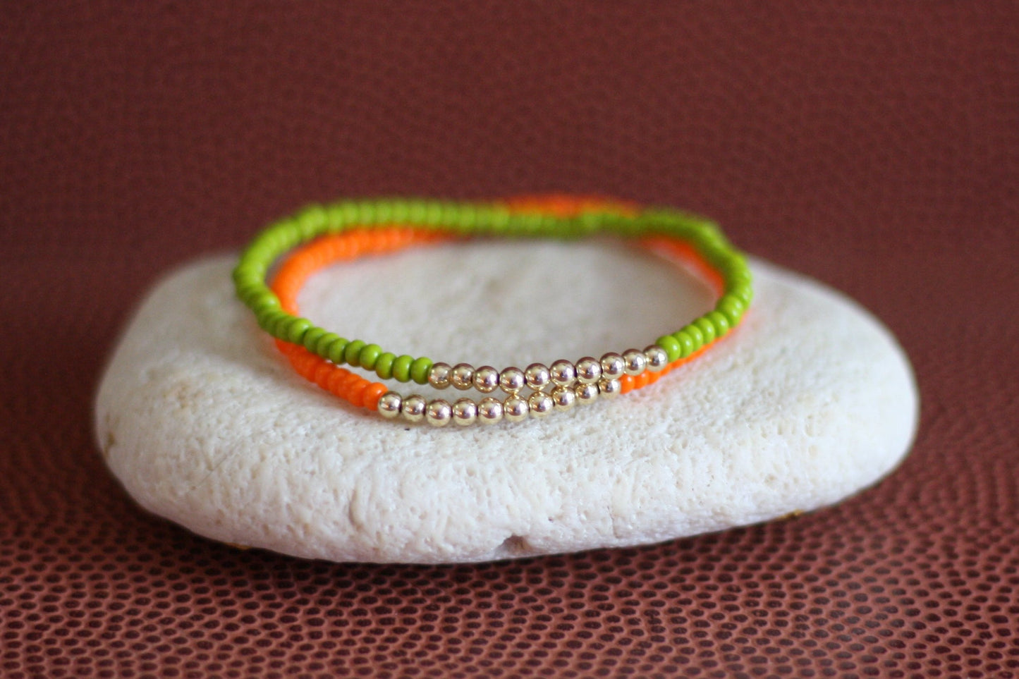 Go Sports Orange & Green Bracelet Stack, 3mm Gold-Filled Beads (Set of 2)